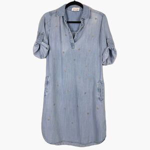 Cloth & Stone Lyocell Chambray Dress XS Blue Gold Polka Dot Shirt Dress